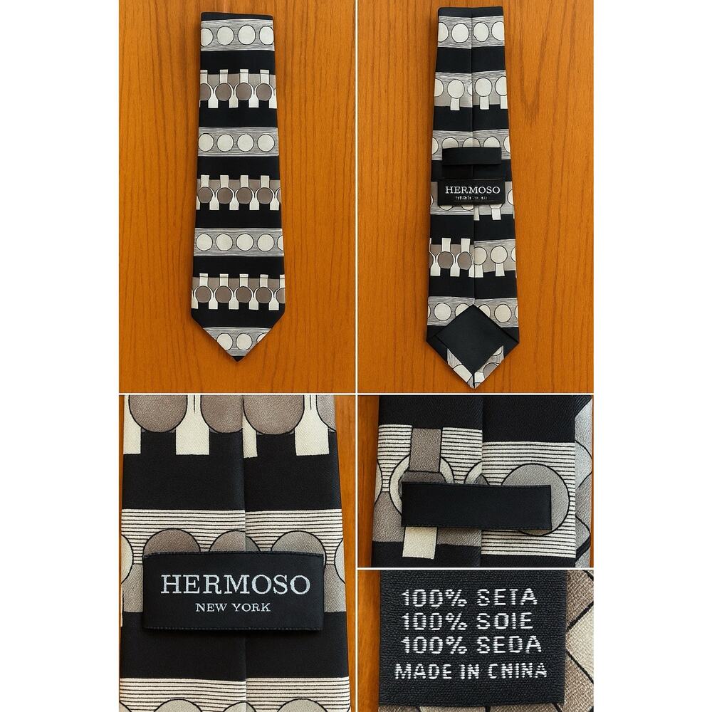 Hermoso New York Men’s Silk Tie Geometric Tab Brown Black 63” Long Preowned